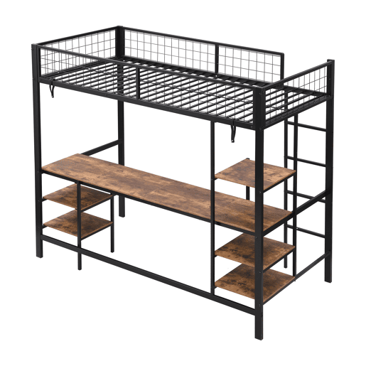 Beliche 90x200cm - Com mesa e estante, com escada de 4 degraus - Preto + cor madeira escura Beliche 90x200cm - Com mesa e estante, com escada de 4 degraus - Preto + cor madeira escura