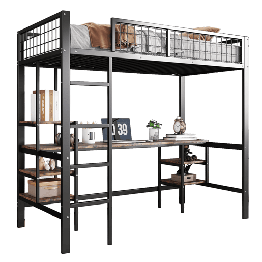 Beliche 90x200cm - Com mesa e estante, com escada de 4 degraus - Preto + cor madeira escura Beliche 90x200cm - Com mesa e estante, com escada de 4 degraus - Preto + cor madeira escura
