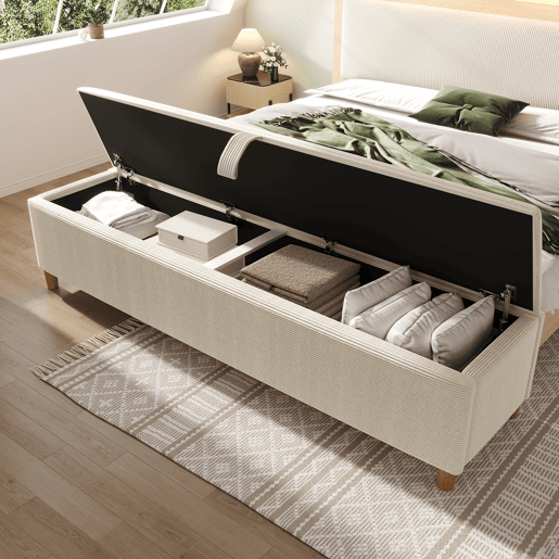 Banco cama 145x38 cm - Banco estofado com armazenamento hidráulico - Bege em estilo cordão