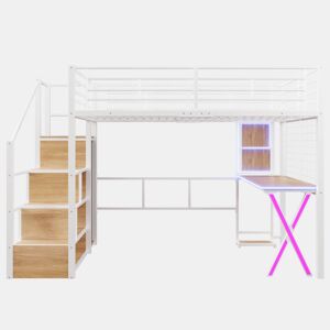 Cama alta 140x200 cm - Com LED, escada de arrumação, secretária, armário, prateleiras - Branco