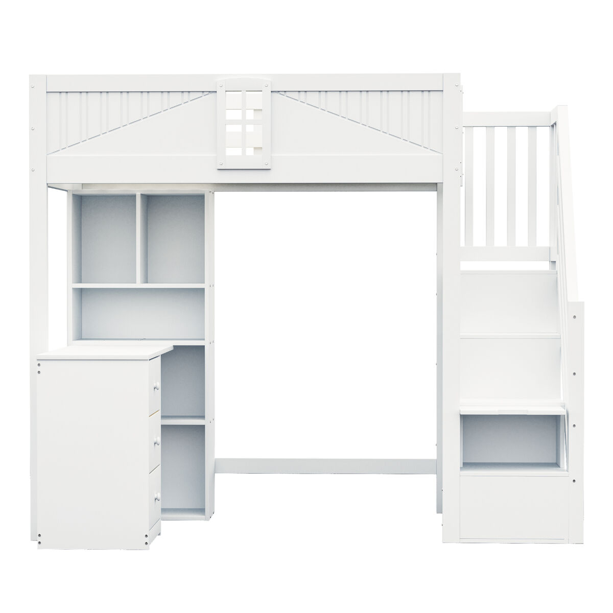 Cama alta madera maciza 90 x 200 cm - barandilla seguridad con ventana, armarios, escritorio, cajones y escalera lateral intercambiable - blanco