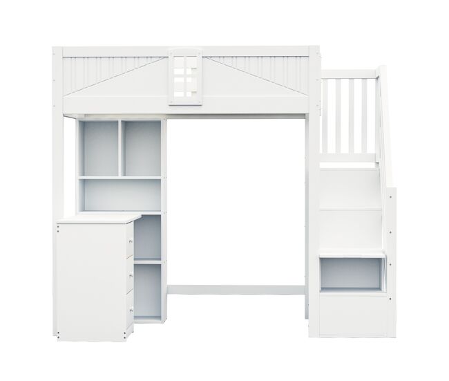 Cama alta madera maciza 90 x 200 cm - barandilla seguridad con ventana, armarios, escritorio, cajones y escalera lateral intercambiable - blanco