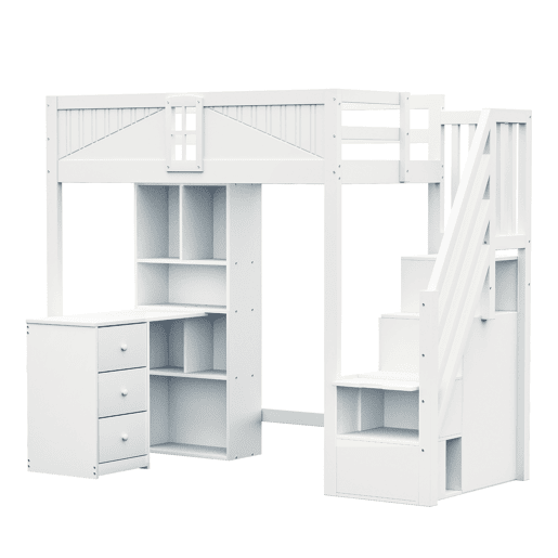 Cama alta em madeira maciça 90 x 200 cm - grade de segurança com janela, armários, secretária, gavetas e escada lateral intercambiável - branco Cama alta em madeira maciça 90 x 200 cm - grade de segurança com janela, armários, secretária, gavetas e escada lateral intercambiável - branco