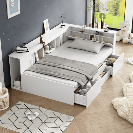 Cama individual infantil 90x200 - multifuncional com gavetas, estante e armário de arrumação - branco