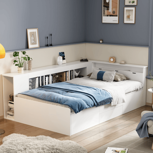 Cama individual infantil 90x200 - multifuncional com gavetas, estante e armário de arrumação - branco