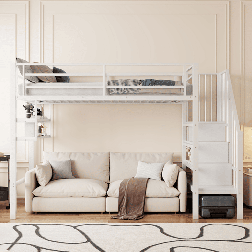 Cama alta 90x200 cm - Estantes, escada de arrumação, espaço livre para vestir-se, corrimão - Branco