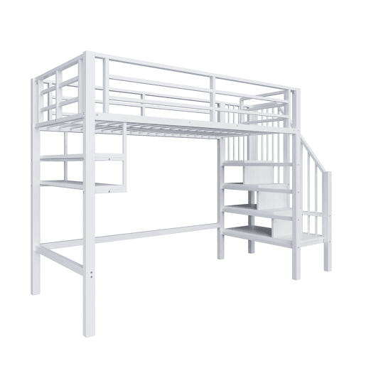 Cama alta 90x200 cm - Estantes, escada de arrumação, espaço livre para vestir-se, corrimão - Branco