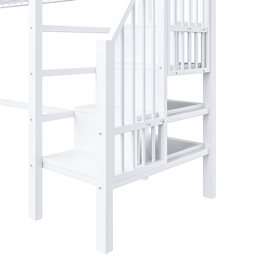 Cama alta 90x200 cm - Estantes, escada de arrumação, espaço livre para vestir-se, corrimão - Branco