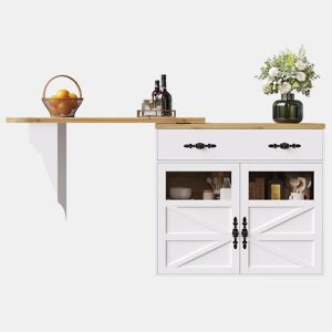 Mesa de bar extensível 138-204×39×104 cm - giratória em 360°, mesa de bistrô moderna com espaço de armazenamento - Branca