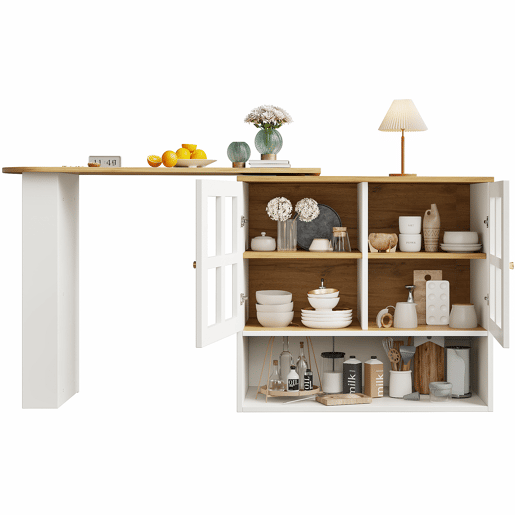 Mesa de bar giratória 360° - design simples e moderno, multifuncional, com prateleira para lanches, 5 superfícies de armazenamento, armário com prateleiras e vidro - Branco