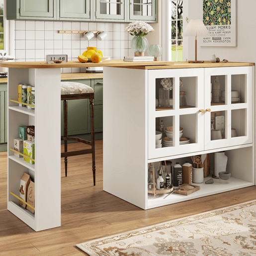Mesa de bar giratória 360° - design simples e moderno, multifuncional, com prateleira para lanches, 5 superfícies de armazenamento, armário com prateleiras e vidro - Branco