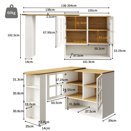 Mesa de bar giratória 360° - design simples e moderno, multifuncional, com prateleira para lanches, 5 superfícies de armazenamento, armário com prateleiras e vidro - Branco