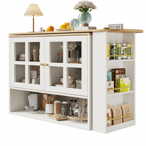 Mesa de bar giratória 360° - design simples e moderno, multifuncional, com prateleira para lanches, 5 superfícies de armazenamento, armário com prateleiras e vidro - Branco