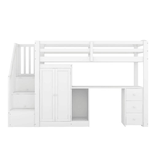 Cama alta 90x200 cm - Cama com estrado, armário, escada, secretária, gavetas - Branco