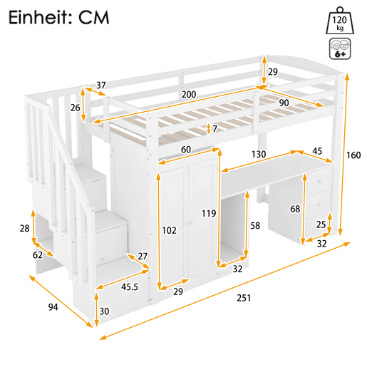 Cama alta 90x200 cm - Cama com estrado, armário, escada, secretária, gavetas - Branco