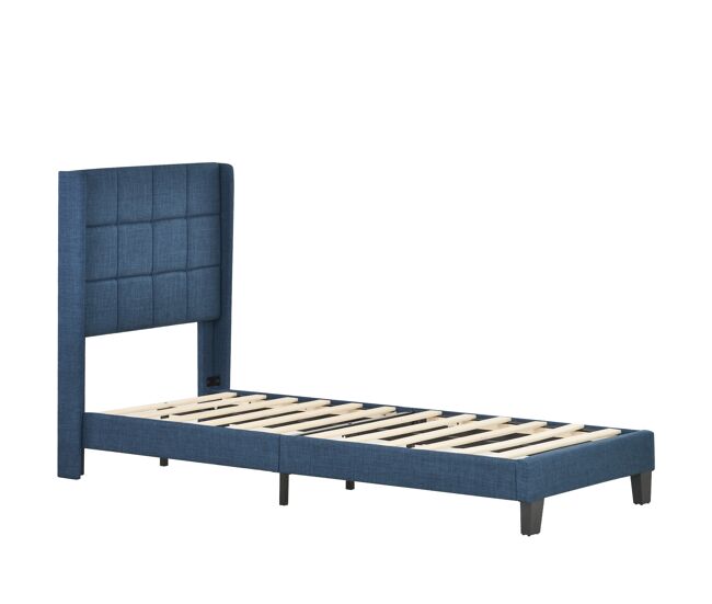 Cama polsterbett 90x200cm - cabecero acolchado, con somier, media firmeza - azul lino