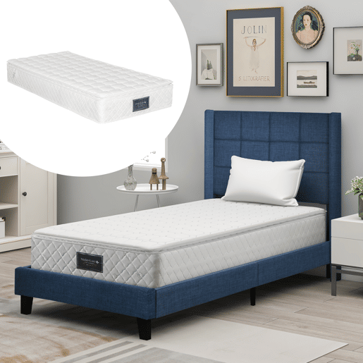 Cama Polsterbett 90x200cm - Cabeceira acolchoada, com estrado, firmeza média - Azul linho