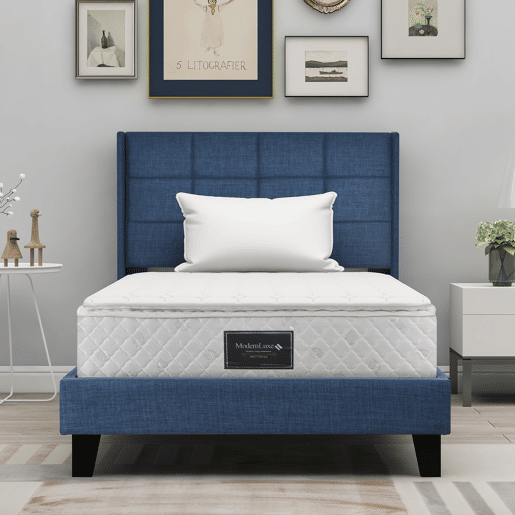 Cama Polsterbett 90x200cm - Cabeceira acolchoada, com estrado, firmeza média - Azul linho