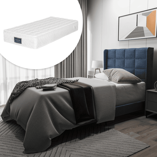 Cama Polsterbett 90x200cm - Cabeceira acolchoada, com estrado, firmeza média - Azul linho