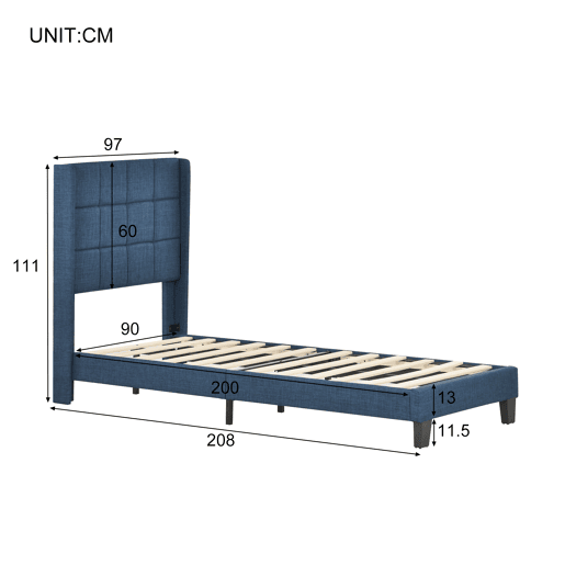Cama Polsterbett 90x200cm - Cabeceira acolchoada, com estrado, firmeza média - Azul linho