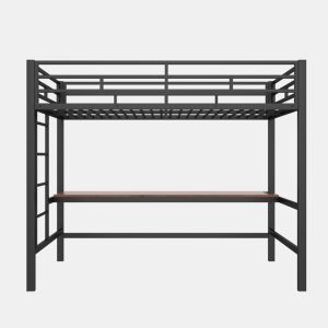 Cama alta 90x200 cm - Com grade, escada, mesa com USB e tomada, faixa de luz com controle por app, com luzes LED, em conformidade com a norma EN747 - Preto
