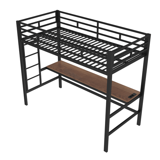Cama alta 90x200 cm - Com grade, escada, mesa com USB e tomada, faixa de luz com controle por app, com luzes LED, em conformidade com a norma EN747 - Preto