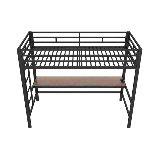 Cama alta 90x200 cm - Com grade, escada, mesa com USB e tomada, faixa de luz com controle por app, com luzes LED, em conformidade com a norma EN747 - Preto
