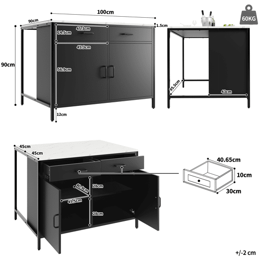 Mesa de bar 105x39x102 cm - Estilo moderno e simples, com superfície em mármore, pés ajustáveis - Preto