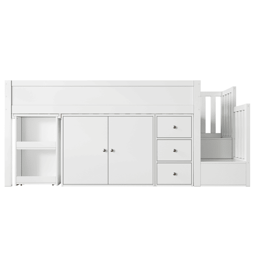 Cama alta infantil + 90*200 - multifuncional, secretária extensível, prateleira lateral, armário, gaveta, escada com armário - Branco