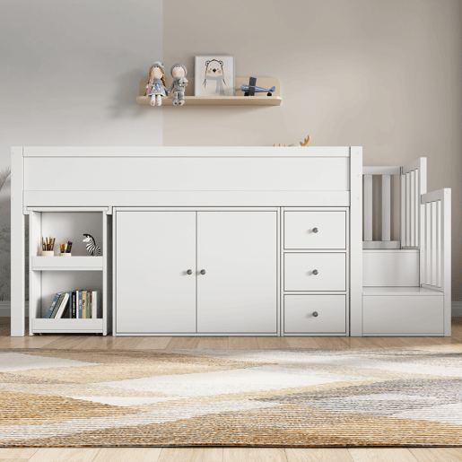 Cama alta infantil + 90*200 - multifuncional, secretária extensível, prateleira lateral, armário, gaveta, escada com armário - Branco