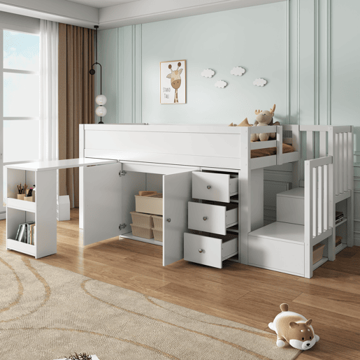 Cama alta infantil + 90*200 - multifuncional, secretária extensível, prateleira lateral, armário, gaveta, escada com armário - Branco