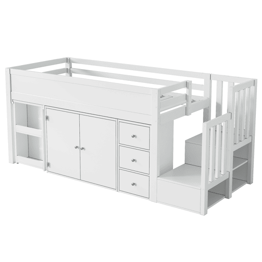 Cama alta infantil + 90*200 - multifuncional, secretária extensível, prateleira lateral, armário, gaveta, escada com armário - Branco
