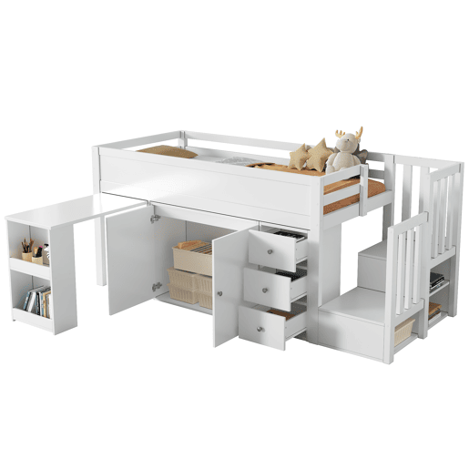 Cama alta infantil + 90*200 - multifuncional, secretária extensível, prateleira lateral, armário, gaveta, escada com armário - Branco