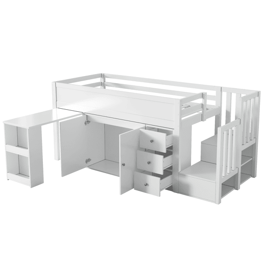 Cama alta infantil + 90*200 - multifuncional, secretária extensível, prateleira lateral, armário, gaveta, escada com armário - Branco