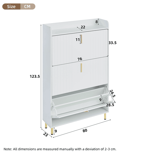Sapateira estreita 80x23,5x123,5 cm - 3 portas, 6 compartimentos, ajustável, com dispositivo anti-capotamento - Branco Sapateira estreita 80x23,5x123,5 cm - 3 portas, 6 compartimentos, ajustável, com dispositivo anti-capotamento - Branco