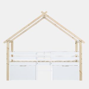 Cama infantil 90x200cm - Cama tipo casa com teto, com grades nas 4 laterais, com escada, 2 compartimentos com rodas - Branco+Natural