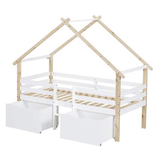 Cama infantil 90x200cm - Cama tipo casa com teto, com grades nas 4 laterais, com escada, 2 compartimentos com rodas - Branco+Natural