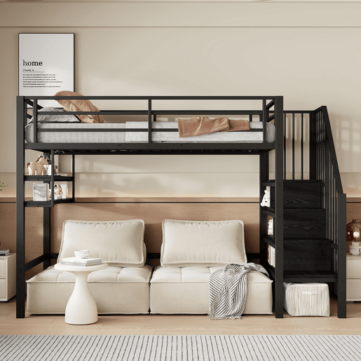 Cama alta 90x200cm - Estante, escada de arrumação, espaço livre para vestir-se, corrimão - Preto