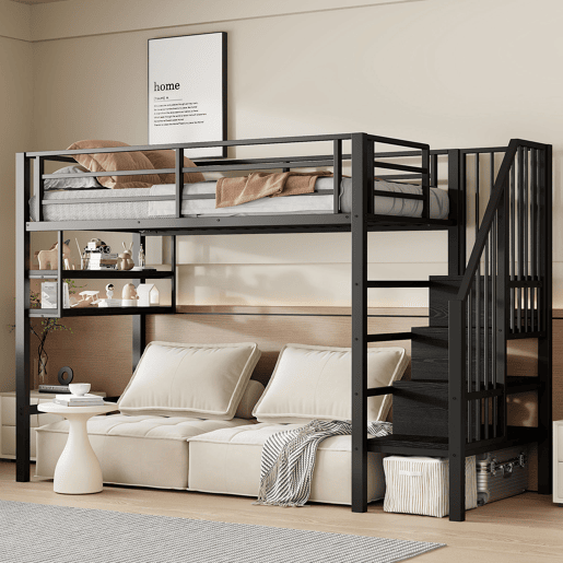 Cama alta 90x200cm - Estante, escada de arrumação, espaço livre para vestir-se, corrimão - Preto