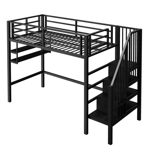 Cama alta 90x200cm - Estante, escada de arrumação, espaço livre para vestir-se, corrimão - Preto
