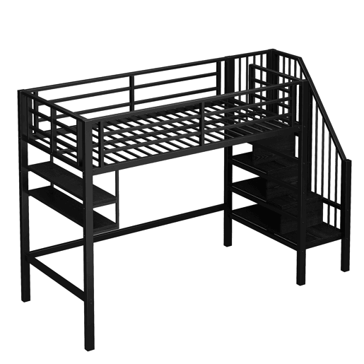 Cama alta 90x200cm - Estante, escada de arrumação, espaço livre para vestir-se, corrimão - Preto