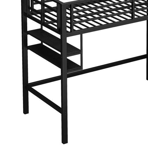 Cama alta 90x200cm - Estante, escada de arrumação, espaço livre para vestir-se, corrimão - Preto