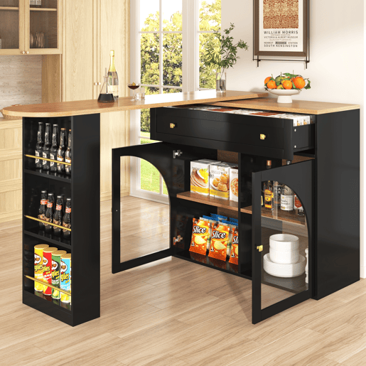 Mesa de bar extensível 138-204 cm - giratória em 360°, mesa alta, mesa de cozinhabistrô com prateleiras e vidro - Preto