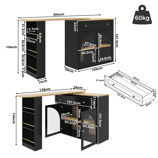 Mesa de bar extensível 138-204 cm - giratória em 360°, mesa alta, mesa de cozinhabistrô com prateleiras e vidro - Preto
