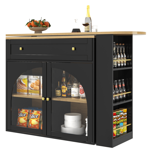 Mesa de bar extensível 138-204 cm - giratória em 360°, mesa alta, mesa de cozinhabistrô com prateleiras e vidro - Preto