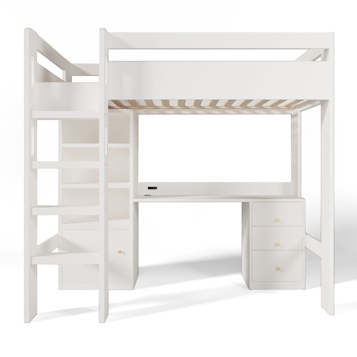 Cama infantil loft 90x200 - con escritorio usb-c, armario, cajonera, escalera, somier y almacenamiento - sin colchón