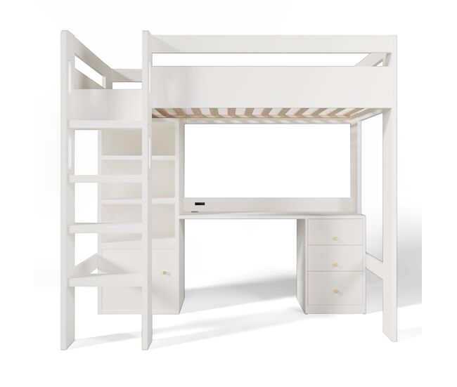 Cama infantil loft 90x200 - con escritorio usb-c, armario, cajonera, escalera, somier y almacenamiento - sin colchón