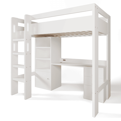 Cama infantil loft 90x200 - com secretária USB-C, armário, gaveteiro, escada, estrado e arrumação - sem colchão