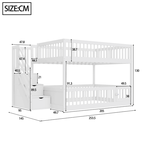 Cama beliche 140x200 - cama individual de madeira com escada de segurança e gavetas de arrumação - branco