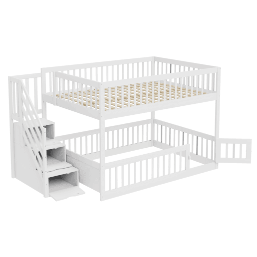 Cama beliche 140x200 - cama individual de madeira com escada de segurança e gavetas de arrumação - branco